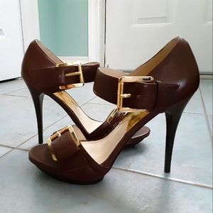 MICHAEL KORS platform leather sandals in Luggage brown size 10 with 5 inch heel